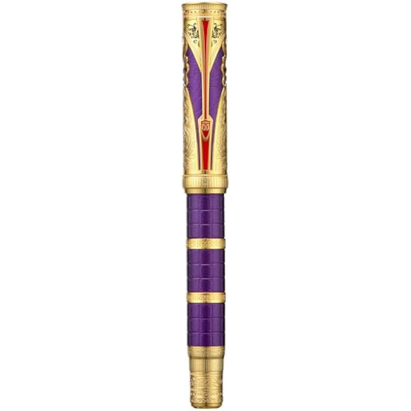 Hongdian D5 Qin Dynasty Fountain Pen - Purple Gold, Fine Nib, Piston Filling, Retro Chinese Totem Engraving, Smooth Writing with Pen Box Set