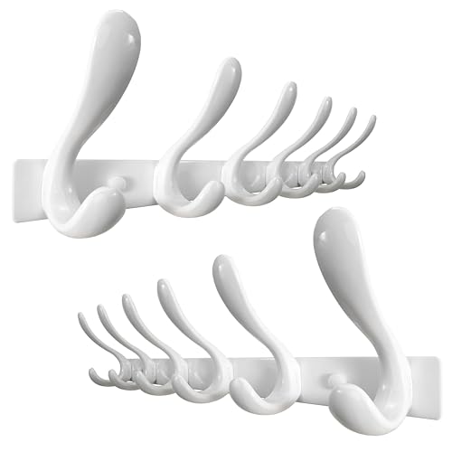 HONSKY Wall Mouted Coat Hooks- Stylish,44cm Metal Coat Rack Wall Mounted,Heavy Duty 6 Hooks Wall Coat Hook for Hanging Coat,Clothes,Hat,Jacket,White(2