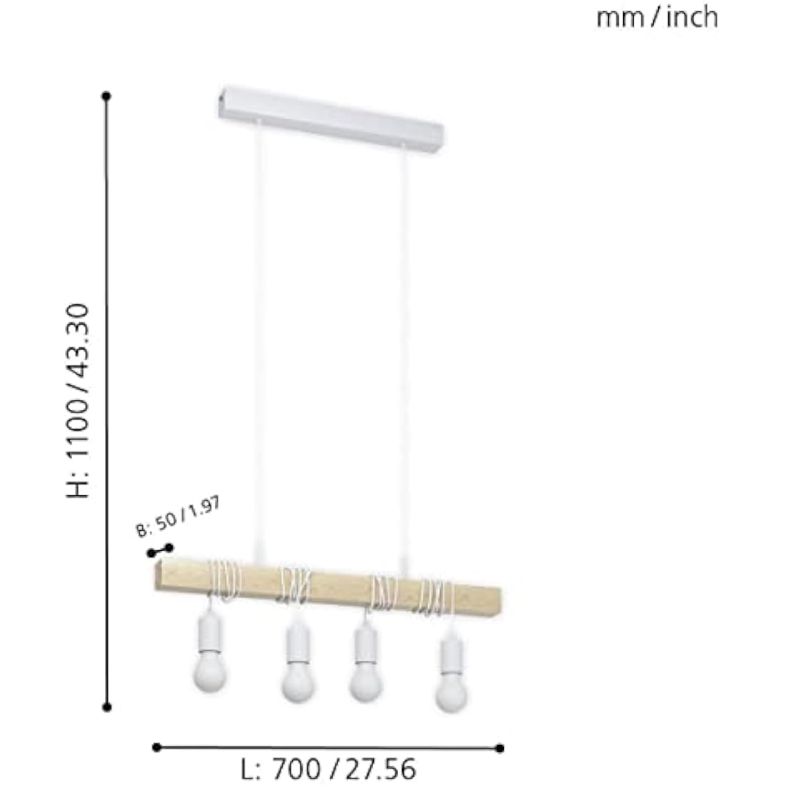Eglo Townshend Pendant Lamp, 4 Bulbs Vintage Pendant Light in Industrial Design, Retro Hanging Lamp Made of Steel and Wood, Colour: White, Brown, Socket: E27