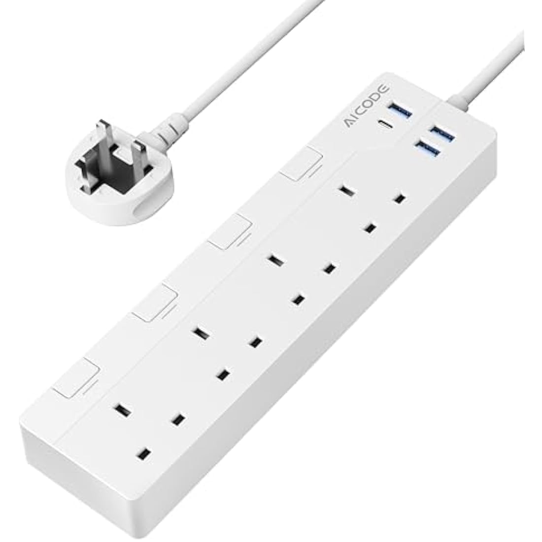 AICODE 4-Way Extension Lead With USB Slots, Surge Protected, 1.5M Extension Cable, Individual Switches, 1 USB C & 3 USB A Ports, Multi Plug Adapter Socket, Wall Mount for Home, Office White