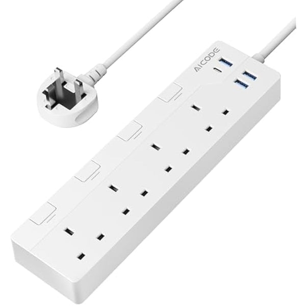 AICODE 4-Way Extension Lead With USB Slots, Surge Protected, 1.5M Extension Cable, Individual Switches, 1 USB C & 3 USB A Ports, Multi Plug Adapter Socket, Wall Mount for Home, Office White
