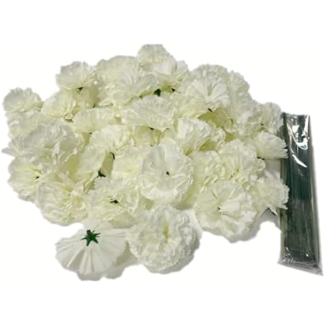 50 Artificial Silk Carnation Flower Head with Stems Set,Vase Fillers, for Home Bridal Wedding Party Birthday Cake Ornaments,Handmade Wrist Corsage,2" Multiple Petals Heads with 8" Stems (White)