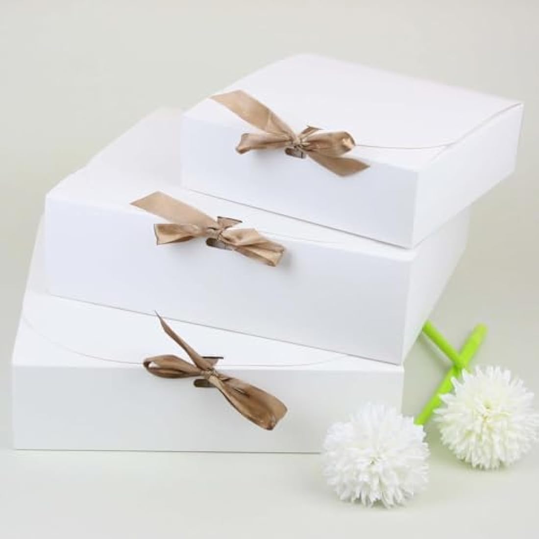 Emartbuy Pack of 12 Square Shaped Presentation Gift Box, 16.5 cm x 16.5 cm x 5 cm, Easy Assembly, White Box with Bow Ribbon
