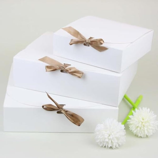Emartbuy Pack of 12 Square Shaped Presentation Gift Box, 16.5 cm x 16.5 cm x 5 cm, Easy Assembly, White Box with Bow Ribbon