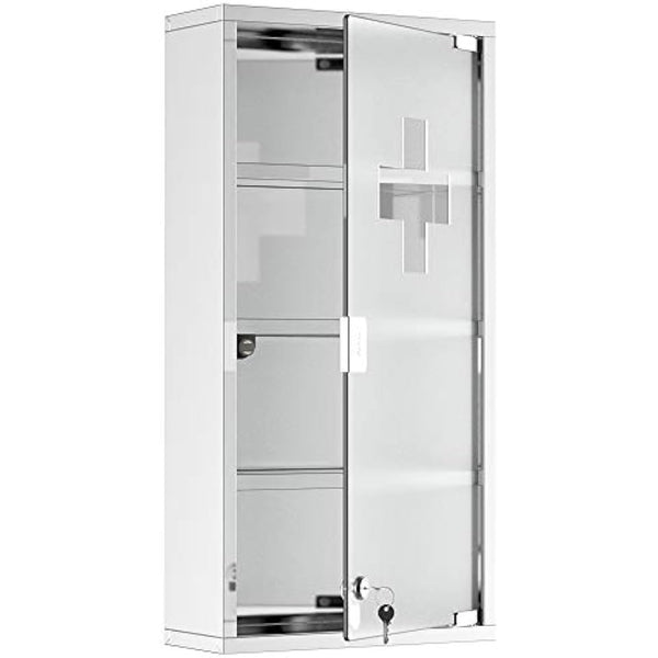 HOMCOM 4 Tier Stainless Steel Wall Mounted Medicine Cabinet Glass Lockable Door Storage Shelves Houseware Bathroom Furniture 60Hx30Wx12D(cm) w/2 Keys