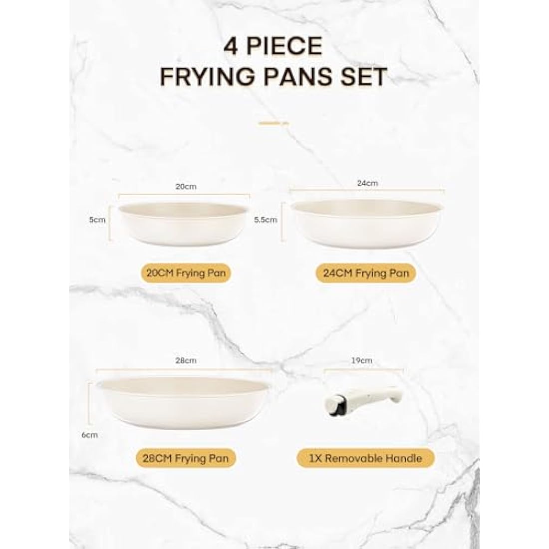 FOHERE Nonstick Frying Pan Set with Detachable Handle, 3PCS 20 24 28 CM Non Toxic Diamond Ceramic Pan, Oven Safe Skillets and Frying Pans, Compatible with All Stoves(Induction), Beige