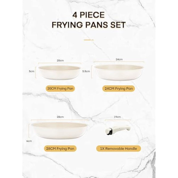FOHERE Nonstick Frying Pan Set with Detachable Handle, 3PCS 20 24 28 CM Non Toxic Diamond Ceramic Pan, Oven Safe Skillets and Frying Pans, Compatible with All Stoves(Induction), Beige