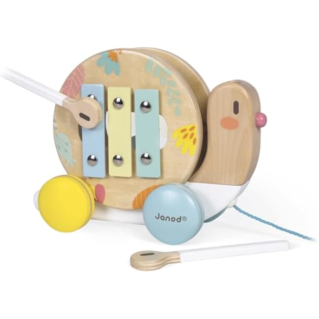Janod - Wooden Pure Pull-Along Snail - Wooden Toy with Xylophone and Tambourine - Water Based Paint - Educational Musical Early Learning Toy - from 1 Year Old, J05159