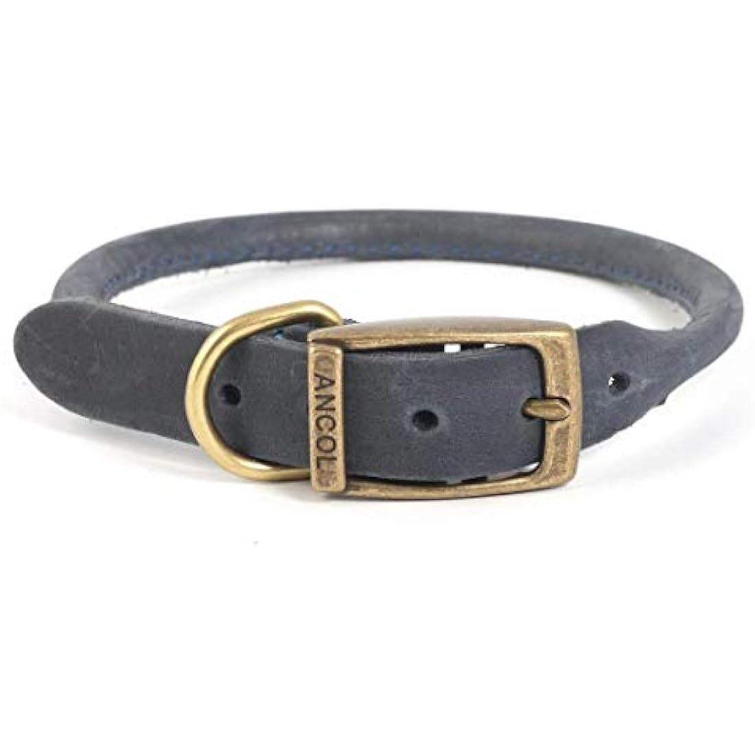 Ancol Timberwolf Bonded Thread Leather Round Dog Collar - Blue - Soft Leather Design with Antique Gold Buckle - Reduces Fur Flattening - 45-54cm Size 6