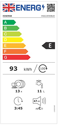 Hisense HS622E90WUK Freestanding Standard Dishwasher 85cm High - E Rated, White, 24 x 23 x 33 inches (L x W x H) [Energy Class E]