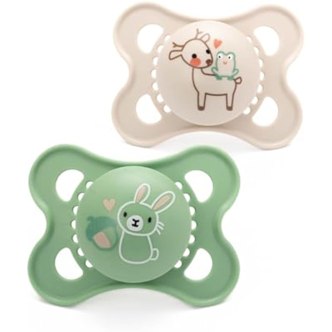 MAM Original Soothers | 0-6 Months | 2 Pack | Comes in Dummy Steriliser Case | Sustainable Materials | Baby Accessories for Newborn | Cream/Green (Various Designs)