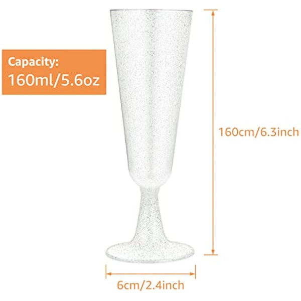 JMIATRY 100 Pcs Plastic Champagne Flutes, 160ml/5.6oz Multi-Use Champagne Flutes Reusable, Plastic Flutes Great for Wedding, Christmas, Birthday Party and Daily Use, Silver Glitter