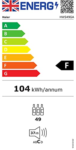 Haier Wine Bank 50 Series 5 Freestanding Wine Cooler, 49 Bottles, Single Zone Temperature, Anti-UV Glass Door, Low Vibration Design, LED Light, hOn App, F Class, Black, 49.7x58.5x82 cm - HWS49GA