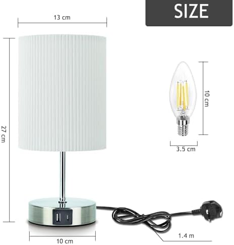 HSLighting Bedside Lamps, Touch Control Table Lamp with Metal Base 3-Way Brightness Changing Dimmable USB A+C Charging LED Light Bulbs Desk Lamp Minimalist Night Light for Bedroom Living Room, 2 Pack