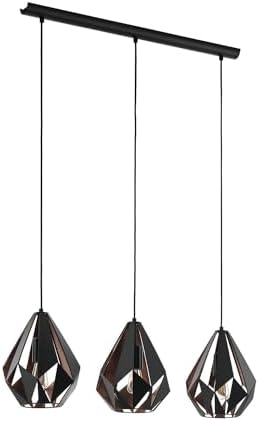 EGLO Carlton 1 pendant light, 3-flame vintage ceiling lamp, retro steel hanging light, Colour: Black, copper, Socket: E27
