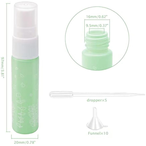 Unxuey 10 pcs 10 ml Green Perfumes Spray Bottles, Glass Empty Dispenser Atomizer Travel Size Refillable Sample Container for Various Water-based Liquids with 10 Funnels+5 Droppers