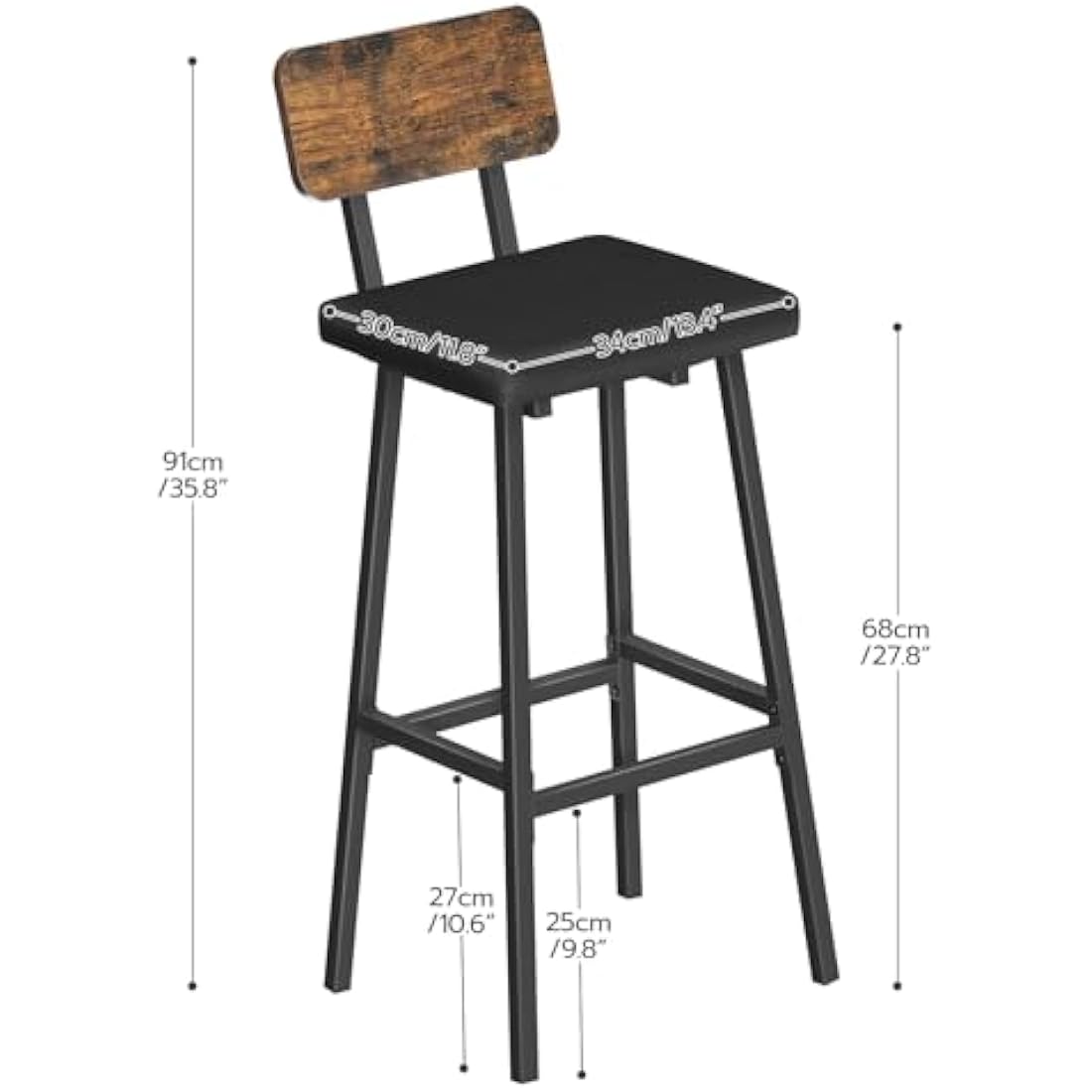 HOOBRO Bar Stools Set of 2, PU Upholstered Breakfast Bar Stools, Industrial Barstools with Backrest and Footrests, Bar Chairs for Kitchen, Dining Room, Bar, Rustic Brown and Black EBF84RBY01G2