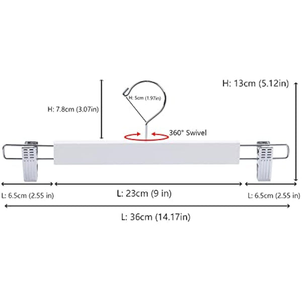 Amber Home 36cm White Wooden Pants Hangers 20pcs, Smooth Wood Skirt Hanger Organizer with Adjustable Anti-Slip Chrome Clips, Space Saving Solid Clothes Hangers Rack for Bottoms Jeans Slacks Trousers
