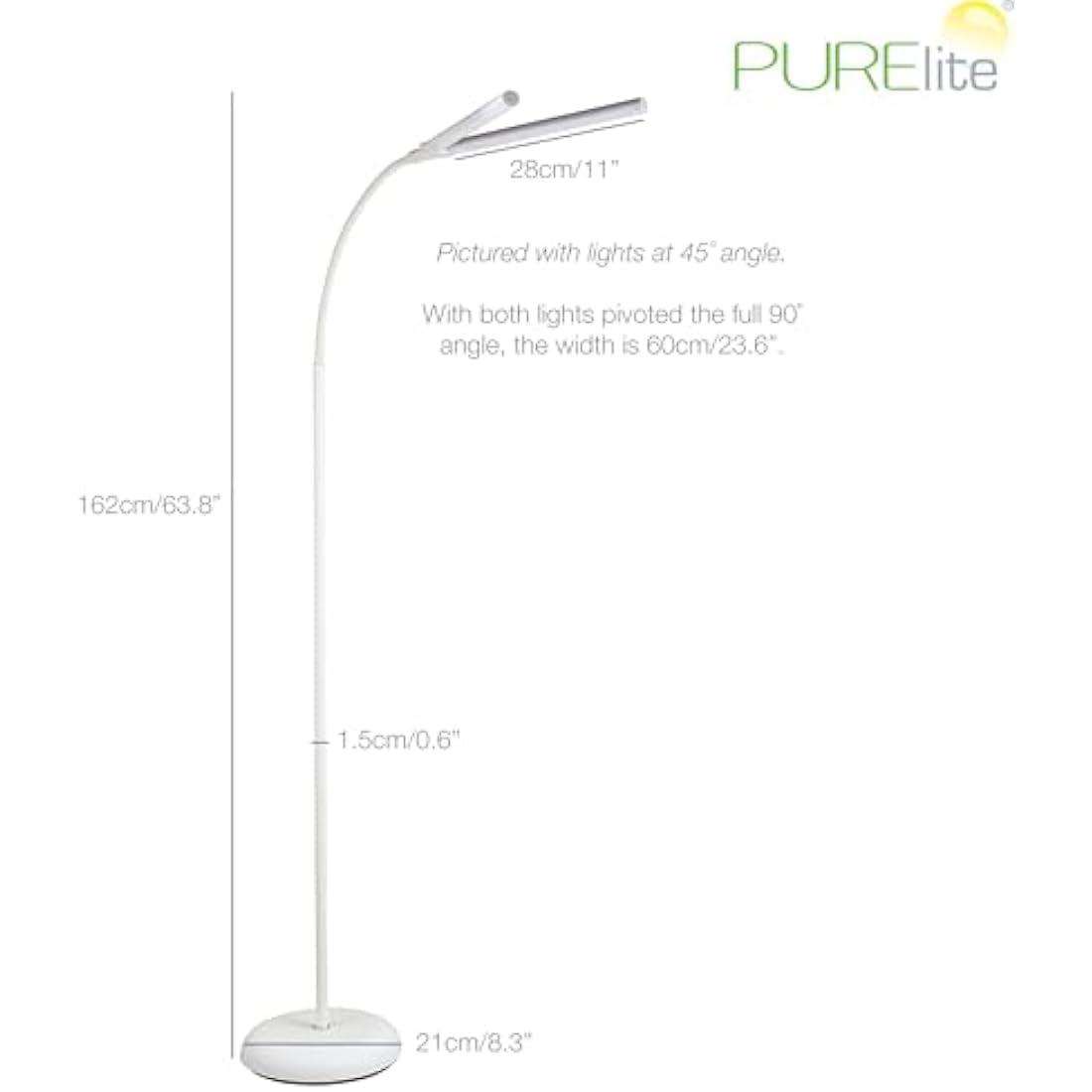 PURElite Natural Daylight Floor Lamp – Twin Lights for Double Power, Flexible LED Floor Light, 4 Colour Brightness Settings, Natural Daylight Bulbs for Reading, Needlework, Sewing, Crafting - White