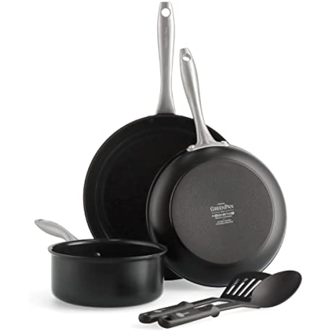 GreenPan Lima Midnight Hard Anodized Healthy Ceramic Non-Stick, 5-Piece Set, Includes Frying Pan, Saucepan, & Nylon and Slotted Turner, PFAS-Free, Induction Suitable, Oven Safe, Black