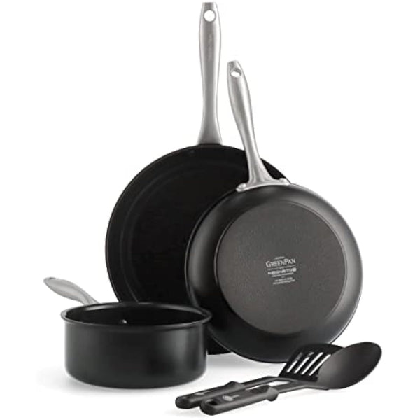 GreenPan Lima Midnight Hard Anodized Healthy Ceramic Non-Stick, 5-Piece Set, Includes Frying Pan, Saucepan, & Nylon and Slotted Turner, PFAS-Free, Induction Suitable, Oven Safe, Black