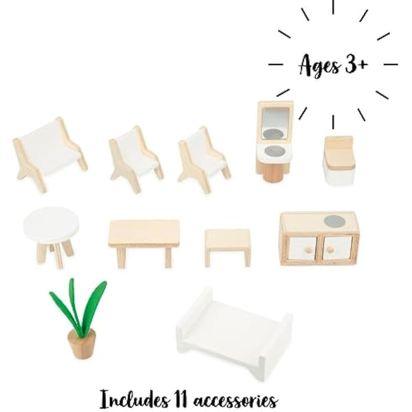 Janod - Twist Wooden Dollhouse - 11 Wood Accessories - Doll Furniture - Magnetic Doors - FSC Wooden Toy - 3 Years +, J06617