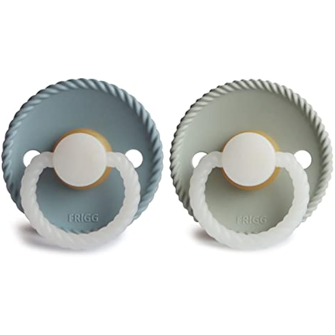 FRIGG Rope Night Latex Pacifier Pack of 2 | Natural Rubber Soother Dummy | Glow | BPA-Free | Made in Denmark | Symmetrical Cherry Shaped Nipple (Stone Blue Night/Sage Night, Size 1 (0-6 Months))