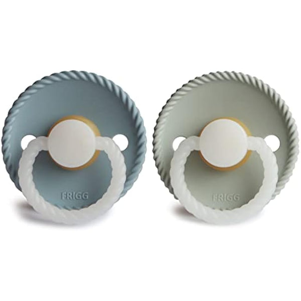 FRIGG Rope Night Latex Pacifier Pack of 2 | Natural Rubber Soother Dummy | Glow | BPA-Free | Made in Denmark | Symmetrical Cherry Shaped Nipple (Stone Blue Night/Sage Night, Size 1 (0-6 Months))