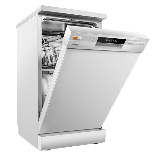 COMFEE' Freestanding Dishwasher CDWEF1034BW-UK 45cm Width, Slimline Dishwasher with 10 place settings, Quick Wash, Hygiene Wash, Delay Start, Half Load, Adjustable Basket - White