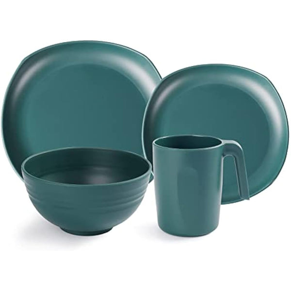 Greentainer Unbreakable Plastic Dinnerware Sets, 16 pcs Lightweight Camping Tableware Set, Microwave & Dishwasher Safe Plates Set, Bowls, Cups Mugs, Service for 4, Great for Kids & Adults - Green
