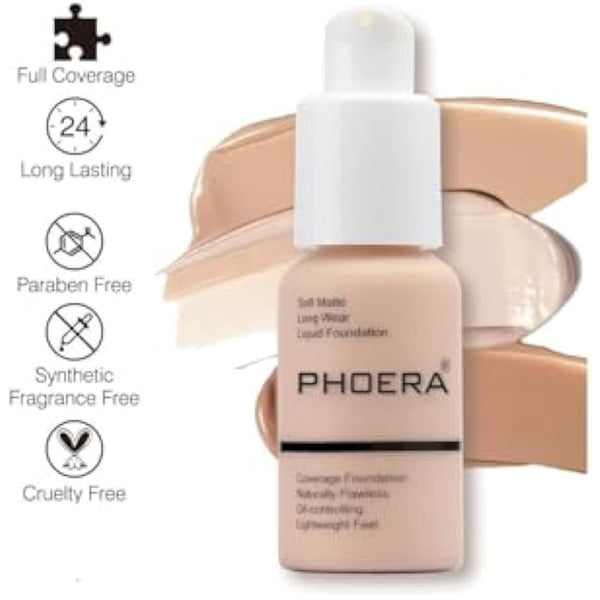 Aquapurity Phoera® Full Coverage Foundation Soft Matte Oil Control Concealer 30ml Flawless Cream Smooth Long Lasting (104 BUFF BEIGE)