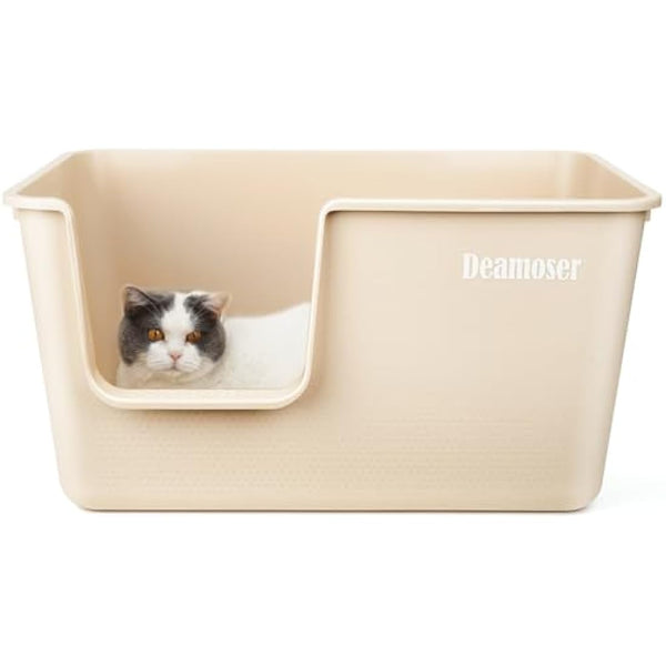Extra Large High Sided Cat Litter Tray for Multi-Cat Households 54x31x32,Deep Cats Litter Box Anti-Splashing Beige