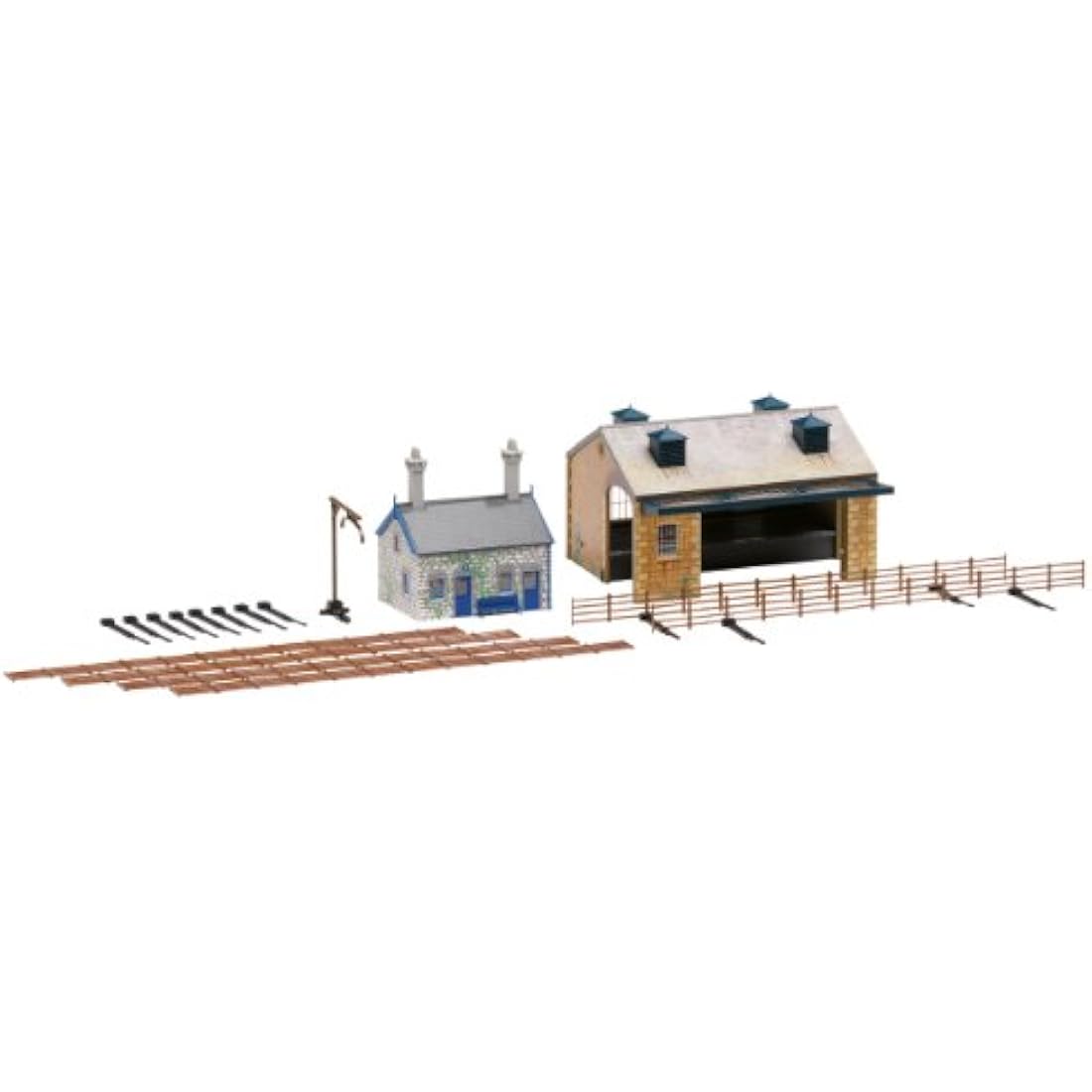 Hornby R8230 OO Gauge Building Extension Pack 4, Model Train Accessories for Adding Scenery & Buildings to 00 Gauge Model Railway, Includes: Railway Cottage, Goods Shed & Trackside Fencing 1:76 Scale