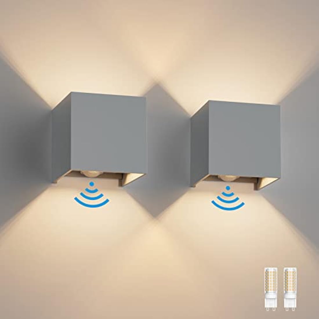 Klighten 2PCS Outdoor Wall Light with Motion Sensor, Waterproof IP54 Outside Wall Lamps with Sensor, Adjustable Beam Angle, Warm White 3000K, Grey (G9 LED Bulb Include)