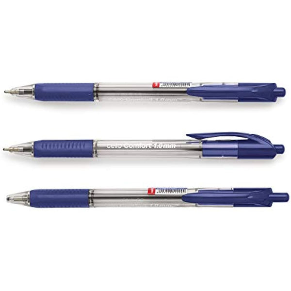 Cello Comfort Blue Ballpoint Pens - Premium Retractable Biro Pens with Ergonomic Grip, Medium Point 1.0mm, Blue Ink,Pack of 12 - Ideal for Office, School & Home Writing