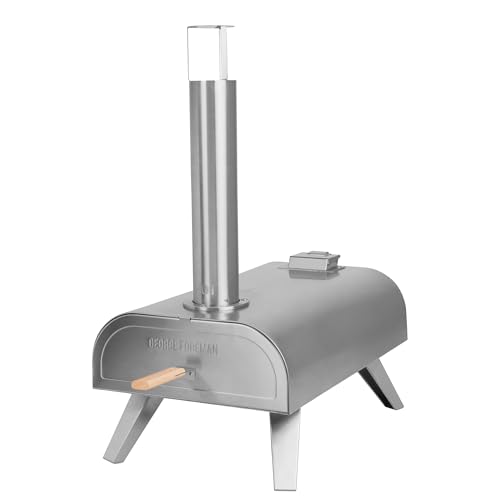 George Foreman Outdoor 12 Inch Wood Pellet Portable Wood Fired Pizza Oven Stainless Steel with Paddle and Carry Bag, BBQ Oven & Smoker, Foldable Legs GFWPPO1SSPC