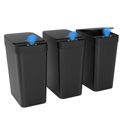 Kssvzz 3 Pack Small Motion Sensor Bathroom Bins with Lid, 10L Smart Waste Paper Basket, Slim Automatic Toilet Rubbish Bin, Touchless Trash Can for