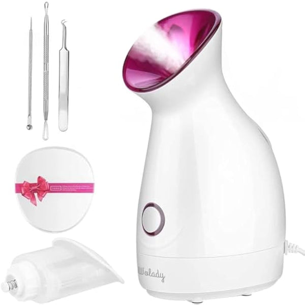 Facial Steamer, Wolady Nano Ionic Face Steamer for Pores with UV Light Hot Mist Moisturizing Sprayer Home Sauna SPA Bonus Blackhead Extractor Kit (Pink)