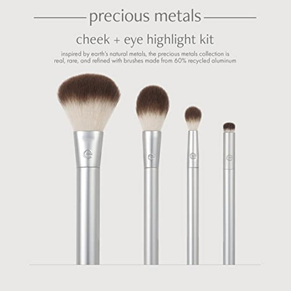 EcoTools Precious Metals Cheek & Eye Highlight Makeup Brush Kit, for Eyeshadow, Blush, & Powder Products, Eco Friendly, Vegan, Cruelty Free Face Brushes, Recycled Aluminum, Chrome, 4 Piece Set
