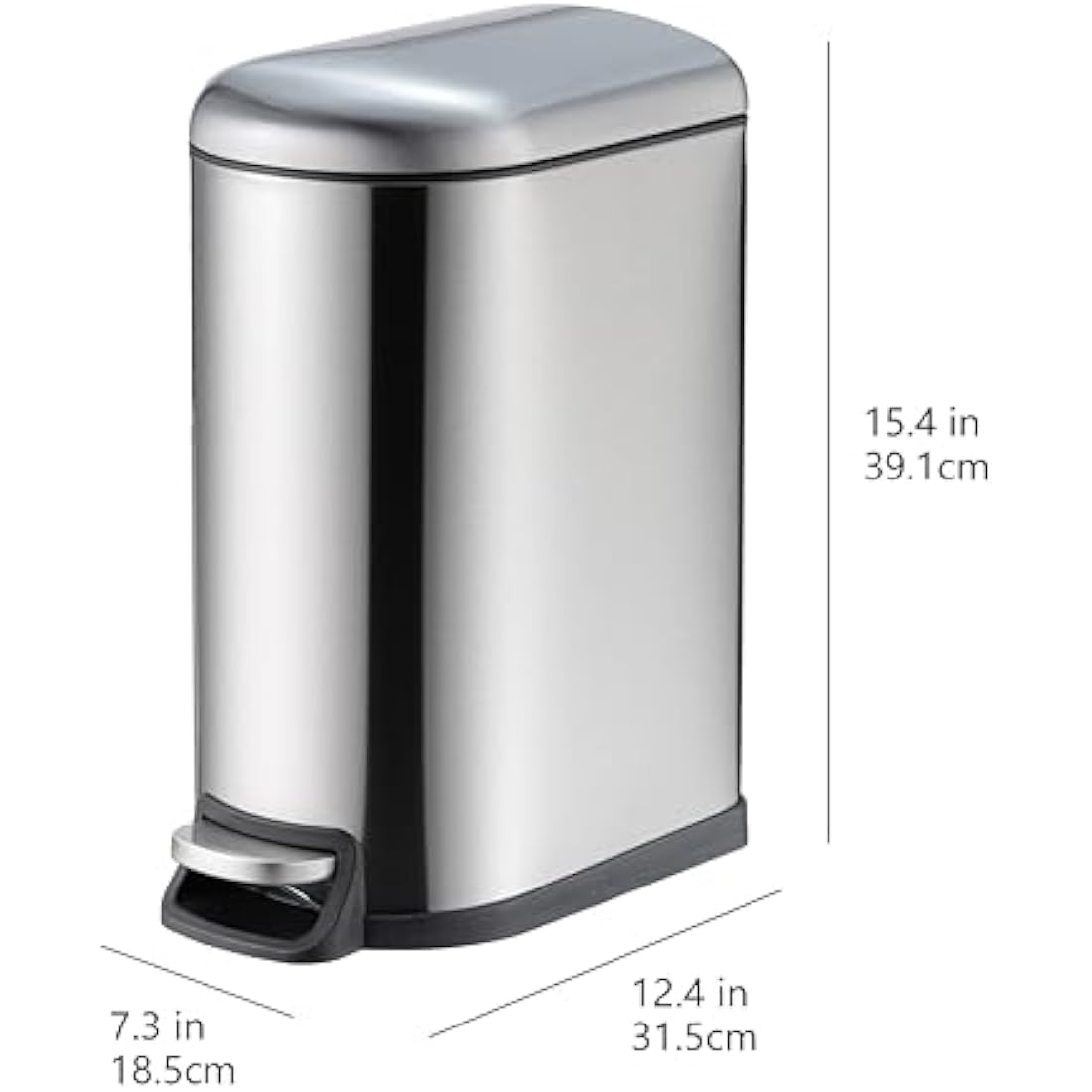 Amazon Basics Smudge Resistant Small D-Shaped Trash Can With Soft-Close Foot Pedal for Bathroom,Bedroom or Living room, Slim shape for narrow space, 10 l /2.6 gallons, Brushed Stainless Steel