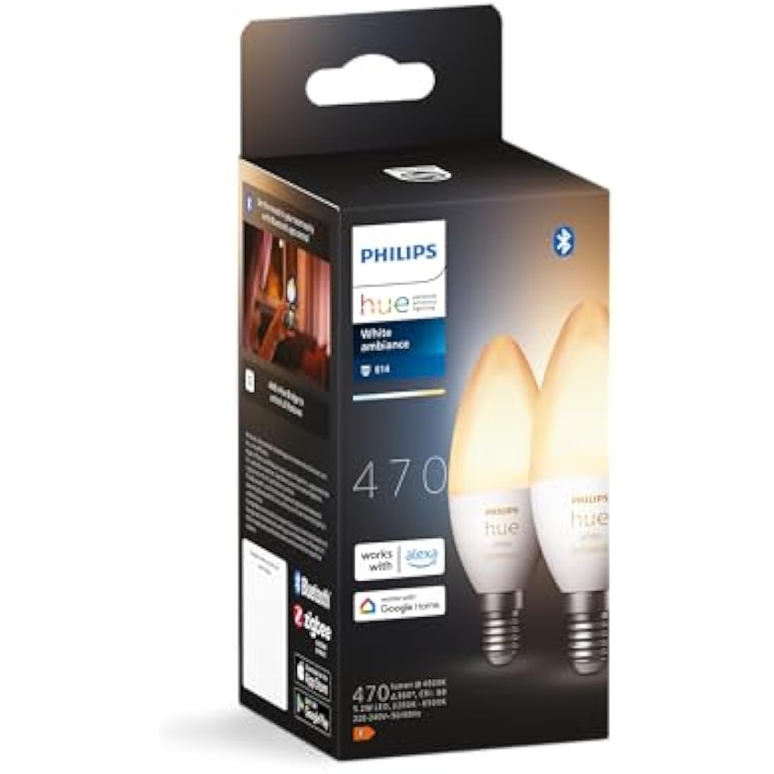 Philips Hue New White Ambiance Smart Light Bulb 2 Pack [E14 Small Edison Screw] Works with Alexa, Google Assistant and Apple Homekit. for Indoor Home Lighting, Livingroom and Bedroom.