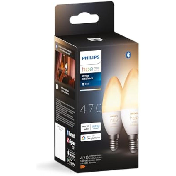 Philips Hue New White Ambiance Smart Light Bulb 2 Pack [E14 Small Edison Screw] Works with Alexa, Google Assistant and Apple Homekit. for Indoor Home Lighting, Livingroom and Bedroom.