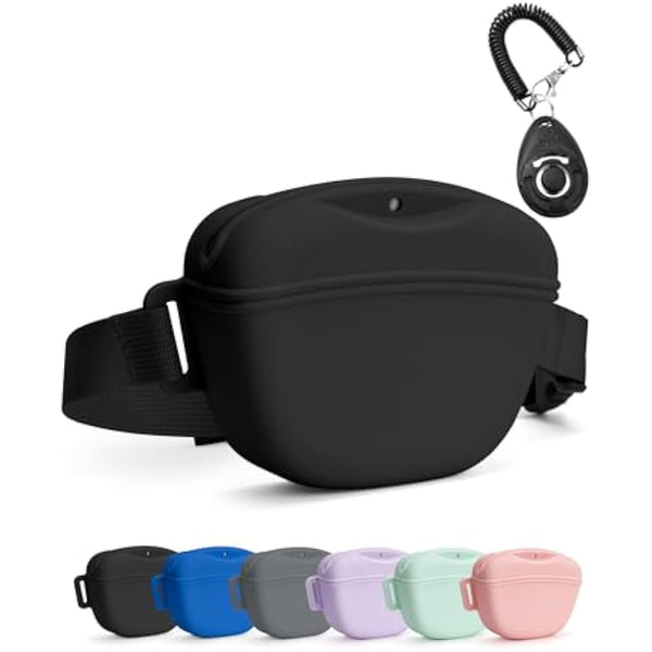 heouvo Dog Treat Pouch with Training Clicker, Upgrade Stronger Magnetic Closure to Avoid Spilling, 1.67 Cup Silicone Treat Bag Fanny Pack with Waist Belt for Pet Training Walking (Black)