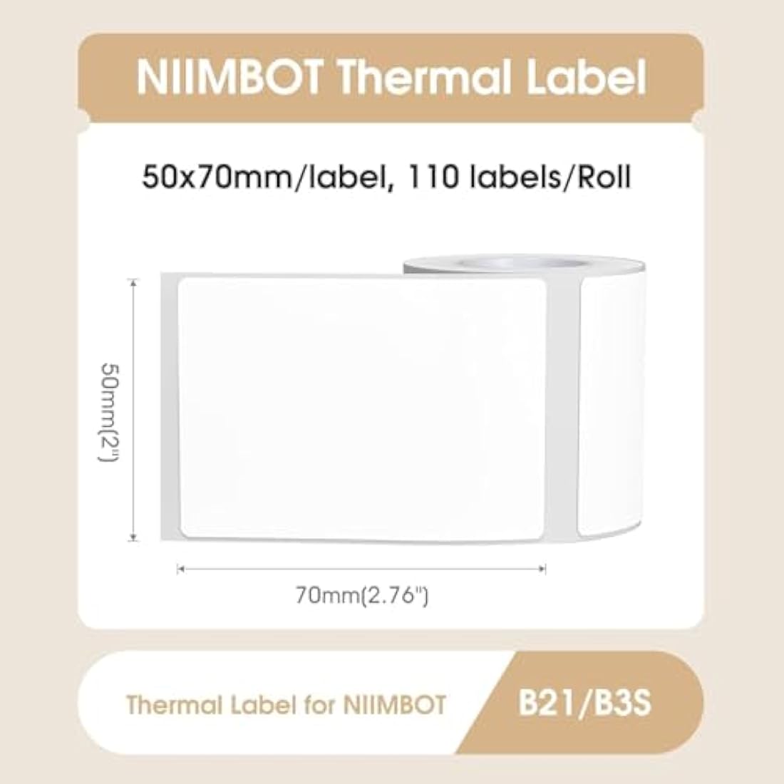 NIIMBOT B21/B3S Lable Maker Tape 1.97" x 2.76" (50×70mm) Waterproof Sticker Paper Shipping Address Labeling Replacement with Self-Adhesive,1 Roll of 110pcs (White)