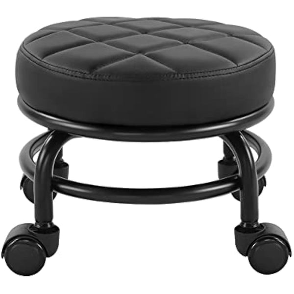 FURWOO Roller Seat PU Leather Low Round Rolling Floor Stool with Universal Caster Wheels for Home Fitness Sport Pedicure Stool, H：25.5cm(Black)