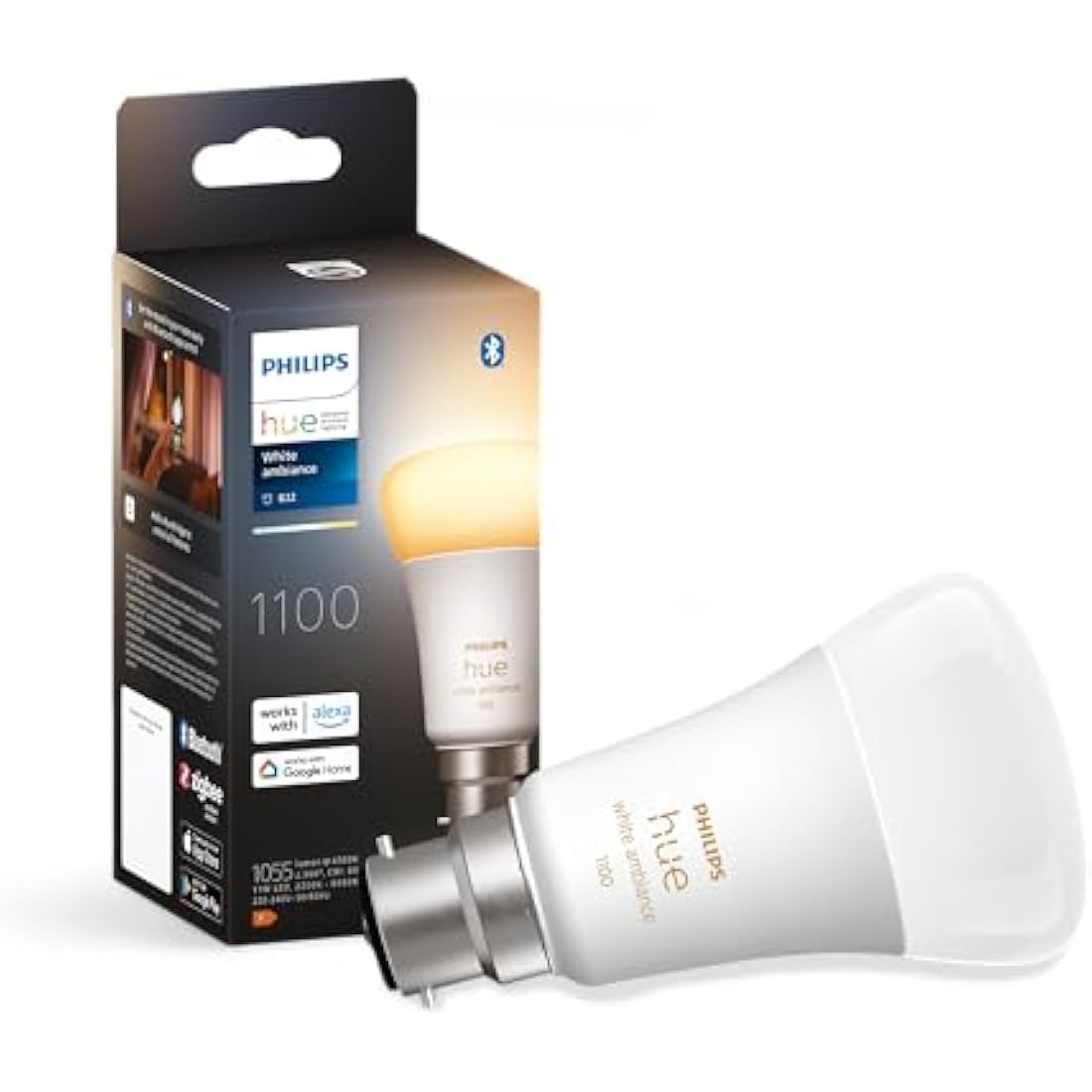 Philips Hue White Ambiance Single Smart Bulb LED [B22 Bayonet Cap] - 1100 Lumens (75W Equivalent). Works with Alexa, Google Assistant and Apple Homekit