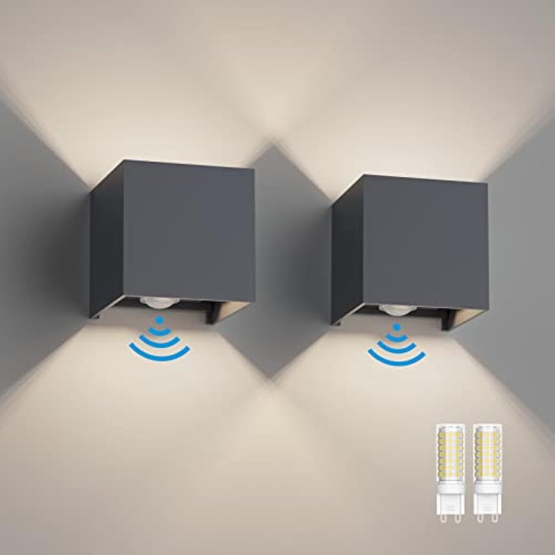 Klighten 2PCS Outdoor Wall Light with Motion Sensor, Waterproof IP54 Outside Wall Lamps with Sensor, Adjustable Beam Angle, Natural White 4000K, Antracita (G9 LED Bulb Include)