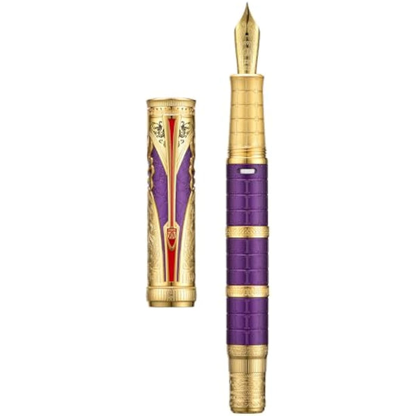 Hongdian D5 Qin Dynasty Fountain Pen - Purple Gold, Fine Nib, Piston Filling, Retro Chinese Totem Engraving, Smooth Writing with Pen Box Set