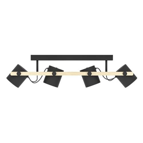 Eglo Ceiling Light Hornwood, 4 Light Vintage and Industrial Style Lighting Made of Black Metal and Natural Wood, Living Room and Bedroom spotlights,