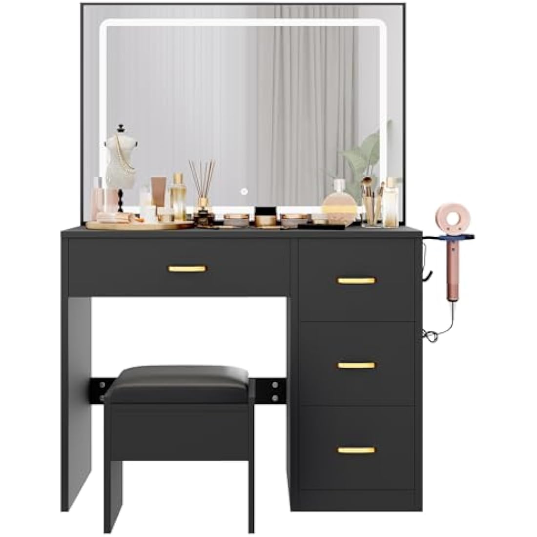 YITAHOME Dressing Table & stool set,Vanity Desk w/ 3-Color Lighting Modes LED Lights Mirror,Lights Brightness Adjustable,Vanity Table with 4 Drawers,Power Outlet,Black Makeup Desk for Bedroom
